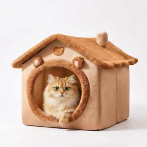 Cat Bed Cave, Cute Bear Shape Cat Beds for Indoor Cats, Pet House Cats Tent with Removable Cushion Pillow for Kittens Puppy Small Dogs (Brown-M, 18 * 14.6 * 15.7in)