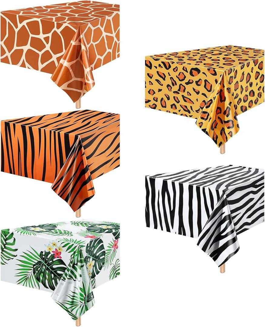 Animal Safari Tablecloth Jungle Animal Theme Tablecover Tiger Zebra Giraffe Print Table Cover Tropical Leaf Tablecloth Party Supplies for Jungle Safari Birthday Baby Showers (Greenery Style, 5 Pcs)