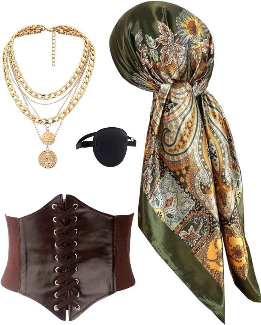 kasahara Pirate Costume Accessories Women Pirate Bandanas Head Scarf Eye Patch Medieval Corset Necklace Jewelry (Brown)