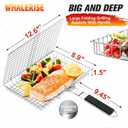 Grill Basket for Outdoor Grill, Stainless Steel Grilling Basket with Foldable Handle, Portable BBQ Cooking Rack for Fish, Vegetables, Shrimp, Chicken - Includes BBQ Skewers 6pcs,Basting Brush,Scrub Sponge-Upgrade