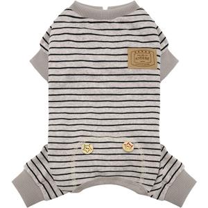 KYEESE Dog Pajamas Stretchable 4 Legs Doggie Jammies Striped Jumpsuit Lightweight Onesie Puppy Pajamas Cozy Outfit Comfortable Dog Clothes Hair Shedding Cover Pet Jammies,Ivory Brown Striped, Medium (Medium (11-16lbs))