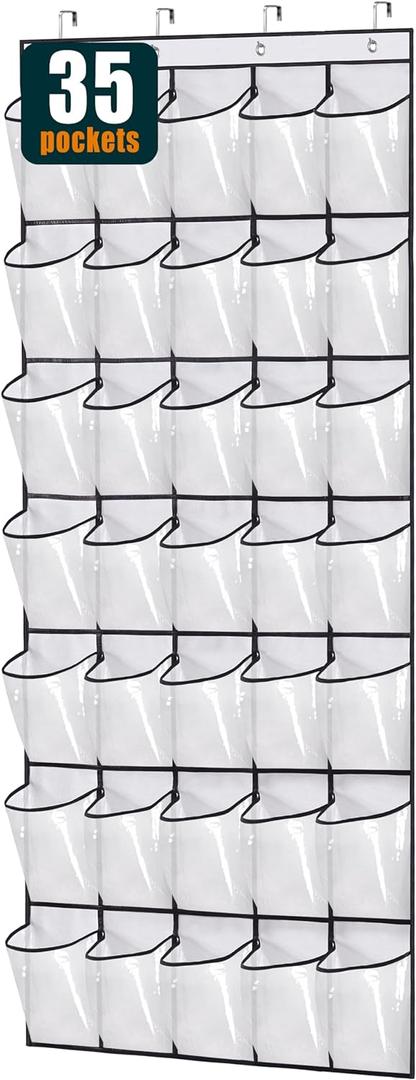 MISSLO 35 Clear Large Pockets Over The Door Shoe Organizer Sturdy Oxford Fabric Hanging Shoe Rack Closet Shoe Holder Hanger, White