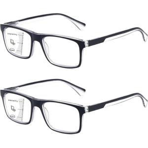 Missfive 2-Pack Mens Light Multifocus Progressive Reading Glasses Blue Light Blocking, Multifocal Spring Hinge No-Line Trifocal Readers Black Eyeglasses(Workspace For Near Range, +3.0)
