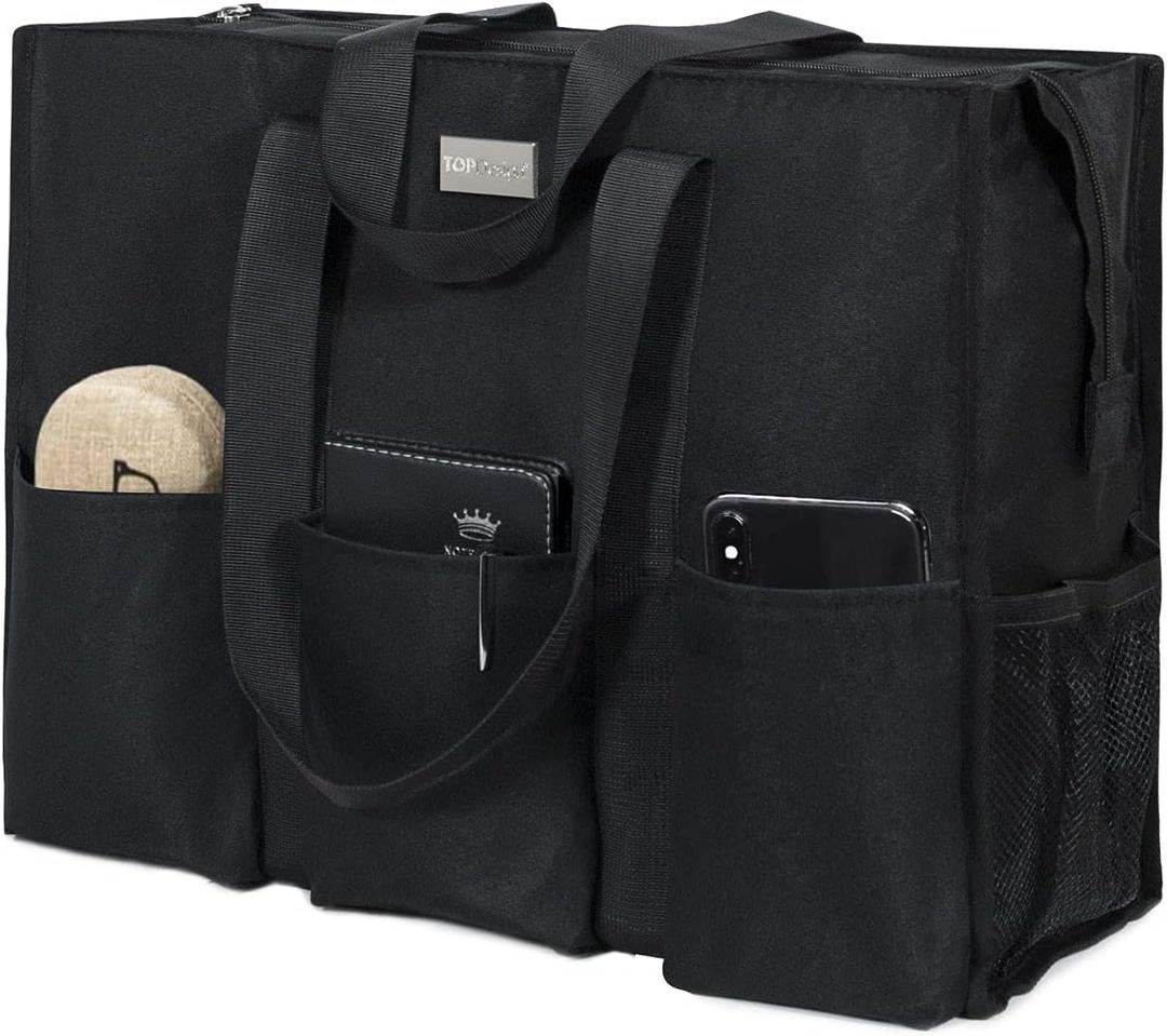 TOPDesign Utility Water Resistant Tote Bag with 13 Pockets, Top Zipper Closure & Thick Bottom Support, for Working Women (Large, Black)