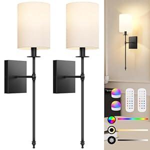 24.5 inch Battery Operated Wall Sconces Set of 2 with Remote, Rechargeable Wireless Wall Lights with Beige Fabric Shade, Indoor Not Hardwired Dimmable for Bedroom Living Room Decor 