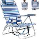 Backpack Beach Camping Chairs with 8 Positions Lay Flat, 1 Pack Lightweight Folding Beach Chair with Adjustable Headrest, Pouch, Cup Holder for Outdoor Lawn Picnic, Support 300LBS(Stripes_Blue & Cyan)