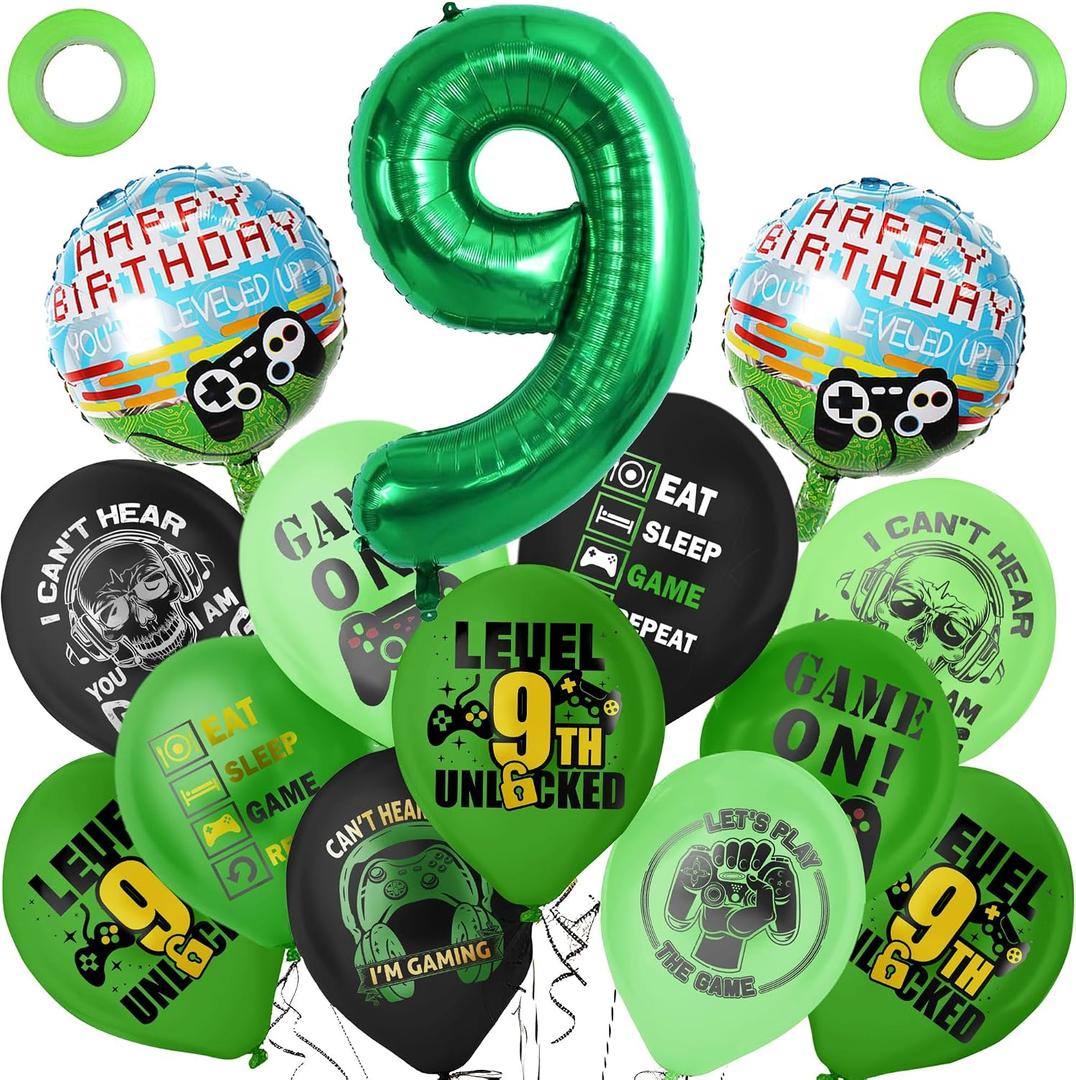 Green 9th Video Game Birthday Party Decoration Balloons Game on Party Supplies Set Include Happy Birthday Banner Foil Balloon Latex Balloon Ideal for Kids Boys Party Room Activities Decor