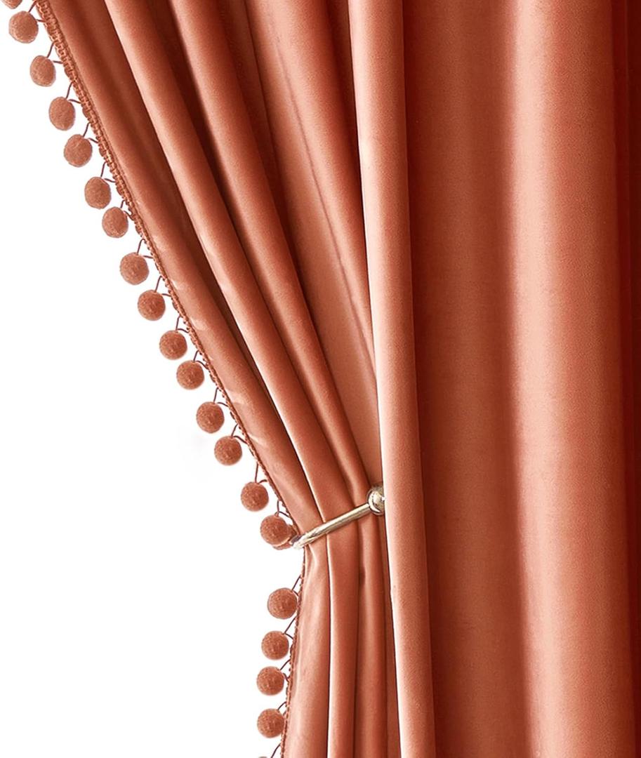 MIULEE Fall Burnt Orange Pom Pom Velvet Curtains for Bedroom/Living Room Darkening Thermal Insulating 96 Inches Long Blackout Curtains with Rod Pocket for Girls Room/Nursery/Home Theater Set of 2