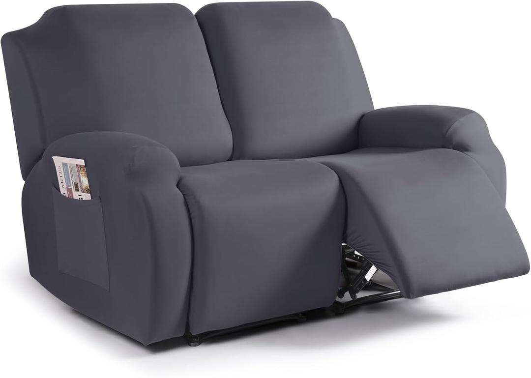 TAOCOCO Recliner Loveseat Slipcover, 2 Pieces Polyester Fabric Stretch Sofa Covers for 2 Seat Reclining Couch, Soft Washable Furniture Protector with Pockets (2 Seat, Dark Gray)