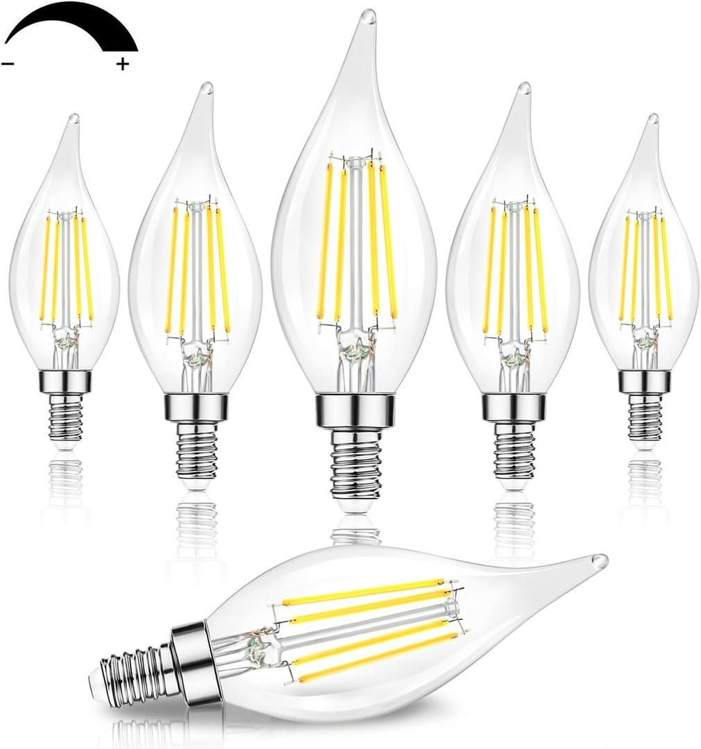 TOBUSA Dimmable E12 Candelabra LED Bulbs 60 Watt Incandescent Equivalent, 5000K Daylight White, Clear LED Chandelier Light Bulbs 6W, 600lm, CA11 Vintage Ceiling Fan Light Bulbs with Flame Tip, 6-Pack