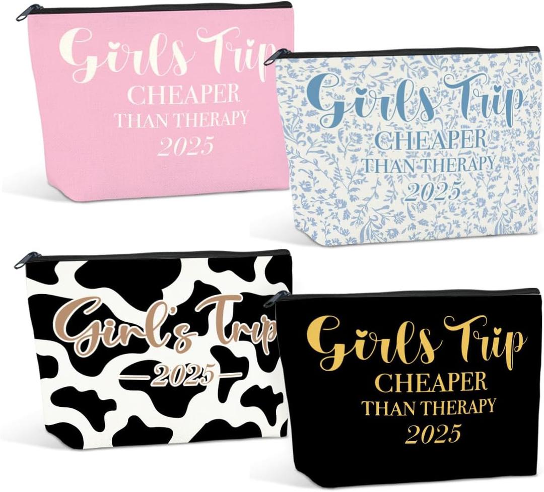 4 PCS Girls Trip Gifts Favors Girls Weekend Gifts for Women Girls Trip Favors Friendship Gifts Girls Weekend Gifts Ideas Girls Trip Makeup Bag Cow Print Cosmetic Bags Weekender Bag for Women Christmas
