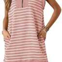 Wenrine Womens Striped Mini Dress Casual Zipper Cap Sleeve Collared V Neck Loose Knit Summer Dresses L