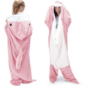 Touchat Shark Blanket for Adult Super Soft Cozy Flannel Throw Wearable Blankets, Cartoon Animals Onesie hoodie, Sleeping Bag Cosplay Costume Blanket Gifts for Shark Lovers(Pink,M) (M: for 59-63 Inch Height)