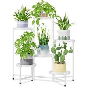 iDavosic.ly 6 Tier Large Plant Stand Indoor with 10 Inch Wide Tray, Tiered Corner Metal Outdoor Flower Display Holder Shelf, Folding Tall Rack for Patio Porch Living Room, White