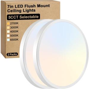 Brightever 7 Inch Flush Mount Ceiling Light, 12W 1200LM LED Ceiling Light Fixtures, 2700K/3000K/4000K/5000K/6500K Selectable, 0.67 Inch Ultra Thin Flat Ceiling Lights for Bedroom Closet, 2 Packs