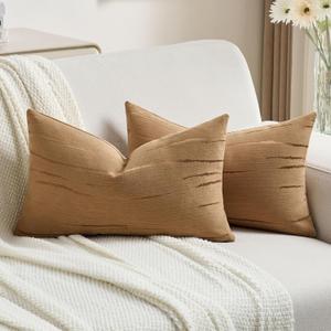 FUTEI Pack of 2 Chenille Decorative Throw Pillow Covers 12x20 Inch,Soft Embossed Striped Textured Lumbar Pillow Cases,Modern Home Decor for Couch Bed Living Room,Bronze