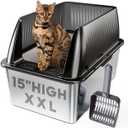 Tripamin 15 XL Stainless Steel Cat Litter Box Enclosure, XXL Stainless Steel High Sides with Lid, Extra Large Metal Cat Litter Box (Translucent Black, XX-Large)