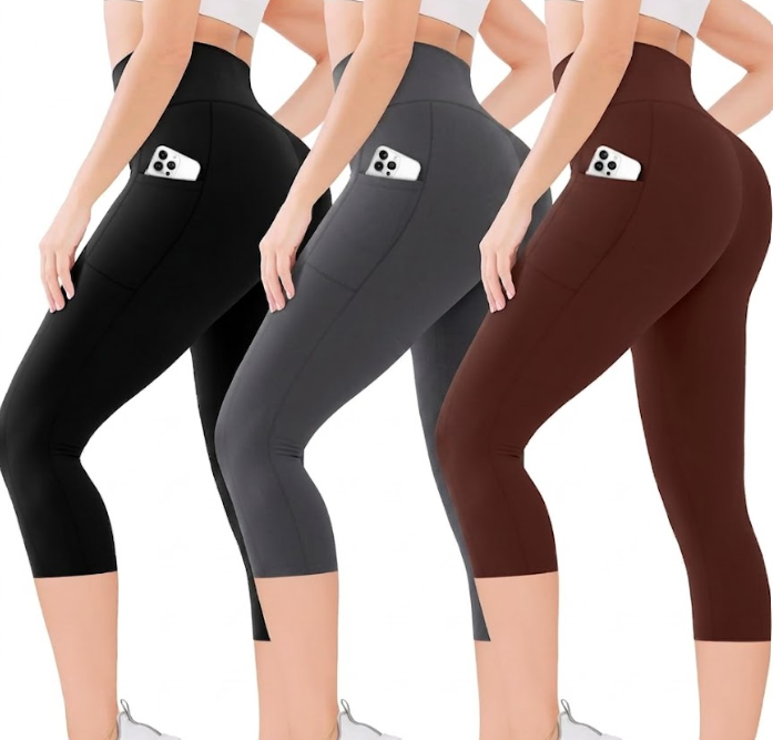 Blisset Women's High Waisted Capri Buttery Soft Tummy Control No See Through Workout Athletic Running Yoga Cycling (S-M, black/Gray/Brown)