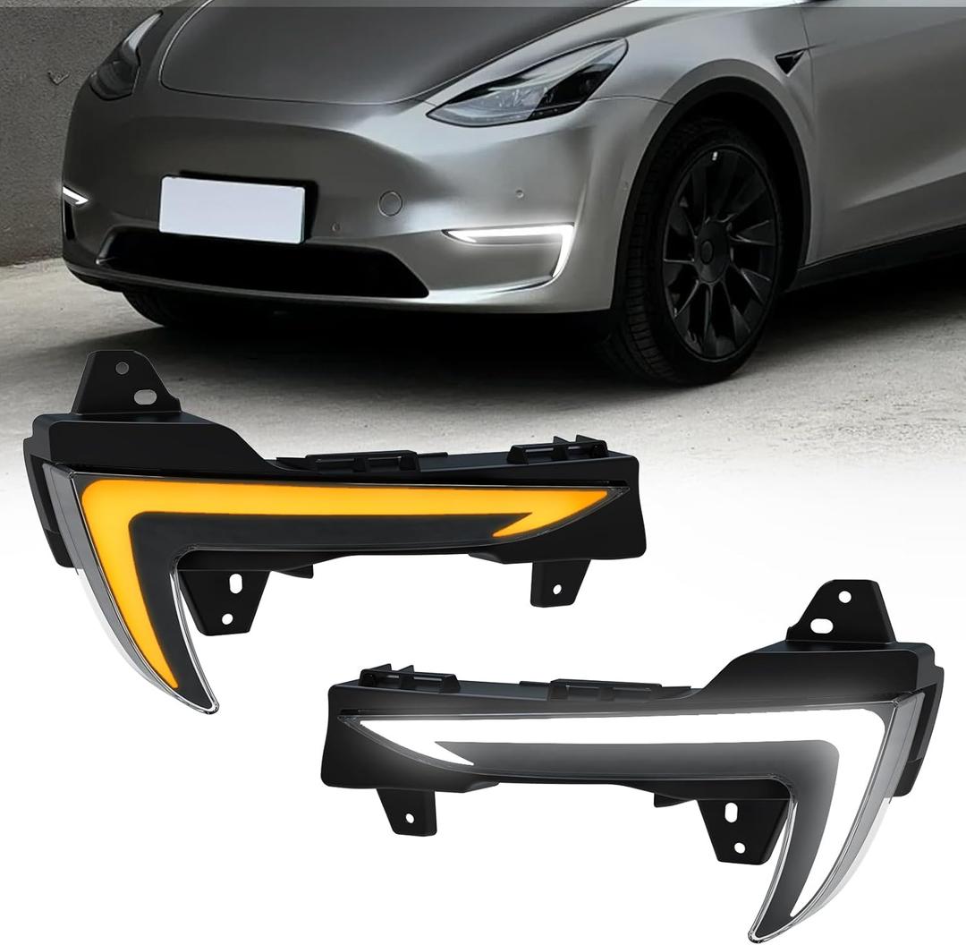 LED Daytime Running Lights (DRL) for 2021-2024 Tesla Model Y with Dynamic Amber Turn Signals + 6500K White DRL | Plug & Play Direct Fit | Startup Animation | IP67 Waterproof (1 Pair)