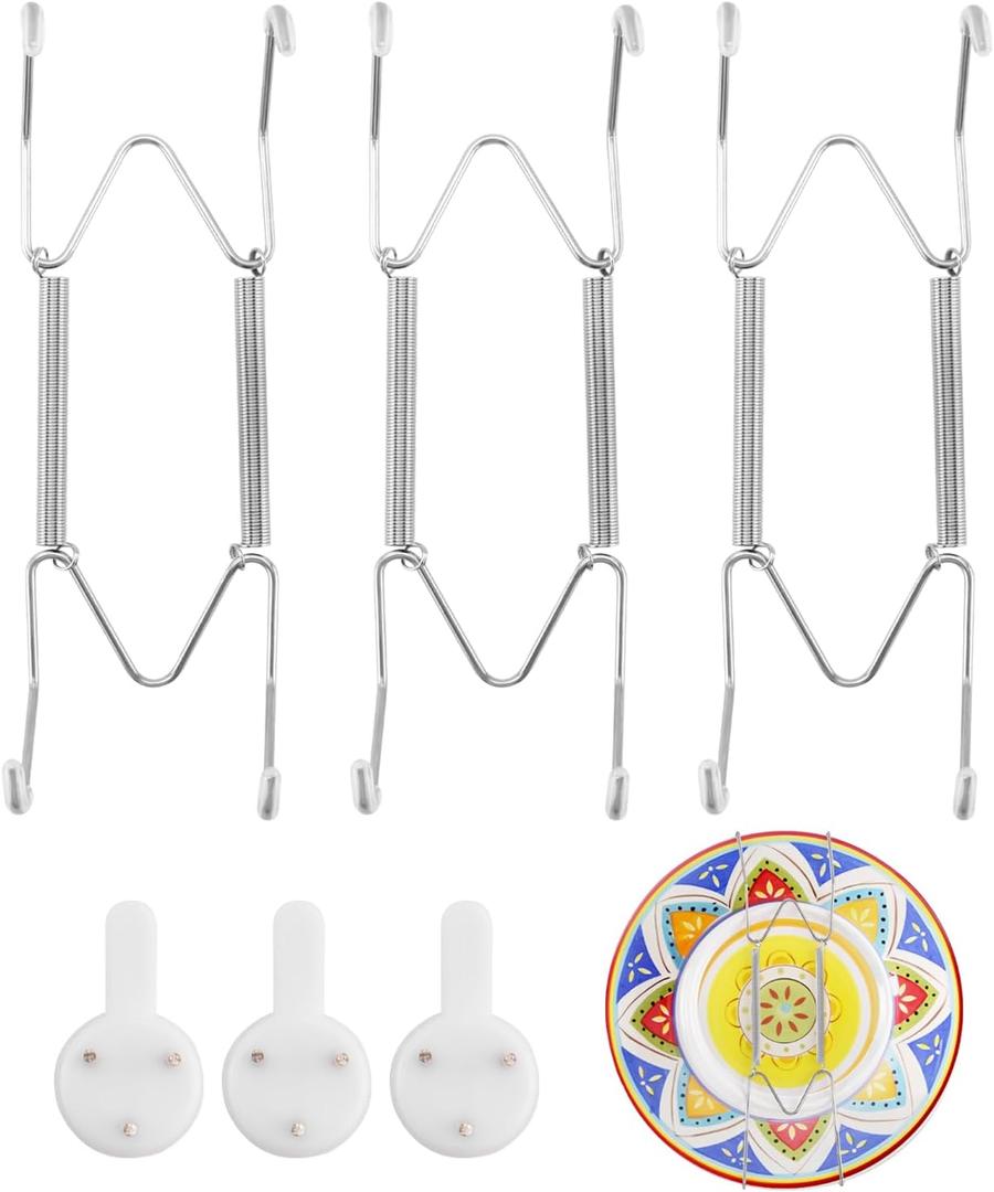 3 Pack Plate Hangers for Wall 6-8 Inch, Stainless Steel Invisible Heavy-Duty Wire Plate Holder with Wall Hooks, Display Hanger for Decorative Plates, Dishes & Platters(Silver)