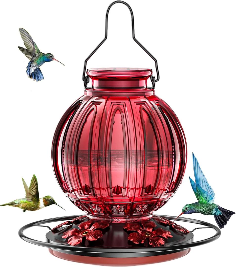 Glass Hummingbird Feeder for Outdoors Hanging, 26Oz Bird Nectar Feeder with Perch & 5 Flower Feeding Ports, Leak Proof for Outside Garden Decor Backyard, Gifts for Women Mom, Red (Red)