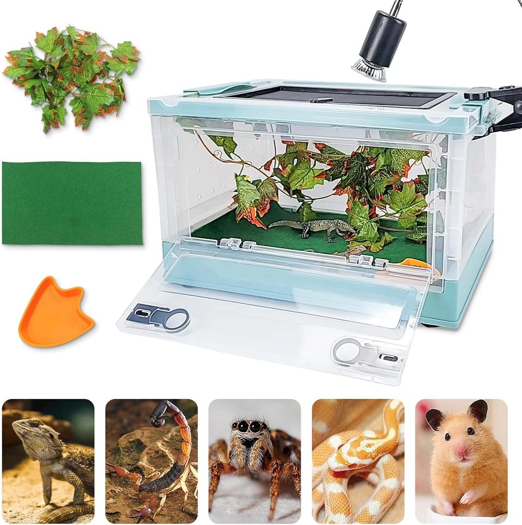 Travel Portable Foldable Terrarium Kits for Reptiles -Heat-Resistant Material, Easy to Move with Wheels, Includes Plant, Feeding Bowl, and Carpet for Snakes, Lizards, Tortoises, and Leopard (Blue)