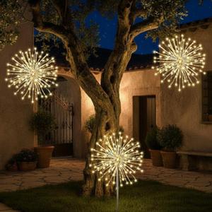 WILLBOND 3 Pcs Fairy Starburst Lighted Ball Set, Golden Tree Topper Hanging Ground Dual-use Firework Star Lights with 80 LEDs Waterproof Light Ball with Plug Hook for Holiday Yard Decor