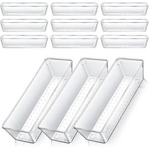 Dimeho 12 PCS Drawer Organizers Clear Plastic Vanity Drawer Dividers Kitchen Silverware Utensil Storage Desk Storage Tray for Bathroom Bedroom Office Makeup Jewelry 9 x 3 x 2 Inches