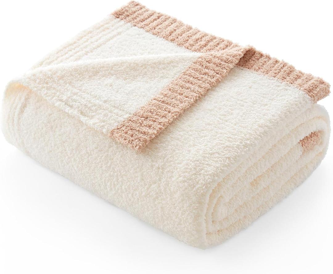 Snuggle Sac Ultra Soft Throw Blanket for Couch Bed Sofa 50x60 inches, Reversible Cream Blanket Microfiber Fluffy Fuzzy Cozy Knit Throws for Women Mothers Birthday Gifts