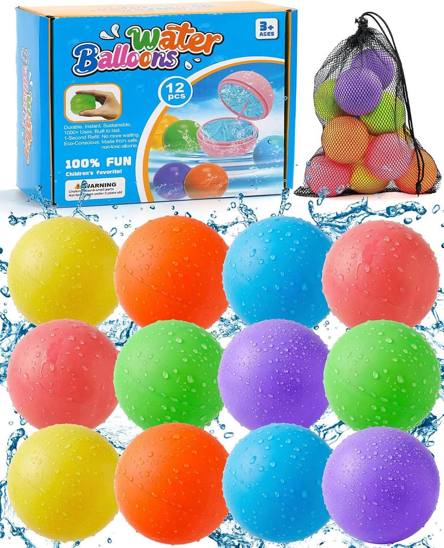 Reusable Water Balloons 12 Pcs, Quick-Fill Summer Water Toys for Pool Parties & Outdoor Beach Backyard Games, Durable Splash Balls for Kids
