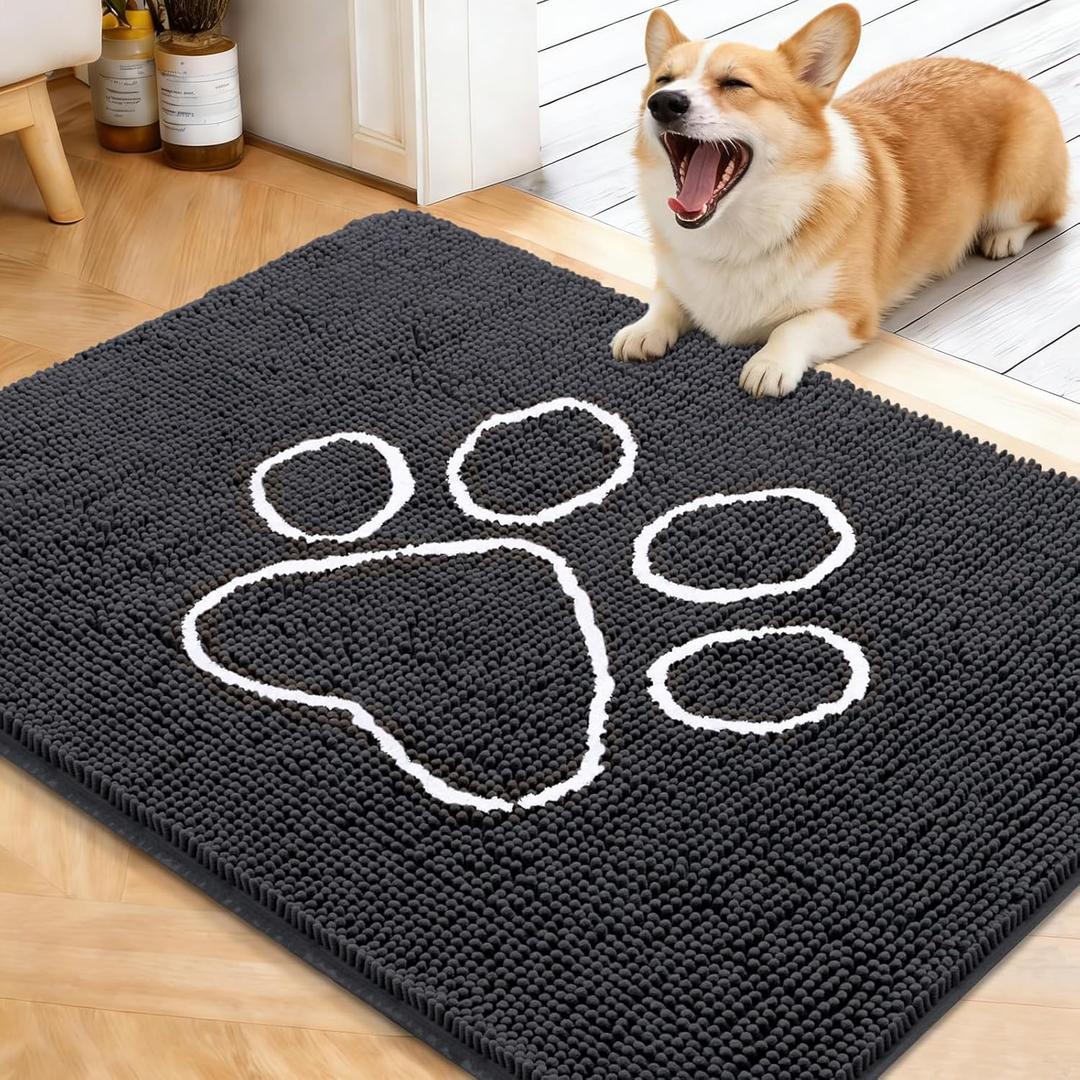 OLANLY Dog Door Mat for Muddy Paws 40x32, Paw Print Design, Absorbs Moisture and Dirt, Absorbent Non-Slip Washable Doormat, Quick Dry Chenille Mud Mat for Dogs, Entry Indoor Entryway Carpet, Dark Grey