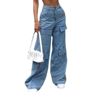 Women Multi Pocket Cargo Jeans Baggy Streetwear Y2k Trousers Flap Pocket Pants Wide Leg Cargo Pants (L)