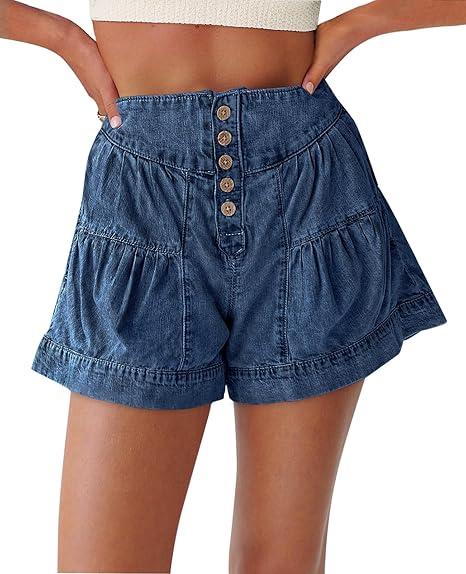 Cicy Bell Womens Summer Flowy Jean Shorts Button Up High Waisted Wide Leg Denim Skort with Pockets (6, Blue)