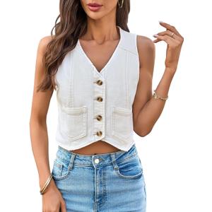 Yousify Women's Summer Tops Denim Vest Sleeveless V Neck Button Down Jean Y2k Crop Jacket With Pocket (Large, Beige)