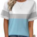 Zeagoo Womens Summer Tops Oversized Crewneck Short Sleeve T Shirts Casual Loose Fit Blouse Y2K 2025 Striped Basic Tee (Medium, White Gray Blue)