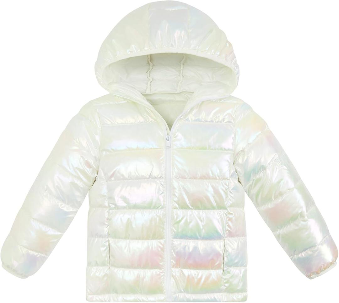 Lovekider Hooded Puffer Jacket for Girls 4-12T Packable Down-Alternative Warm Coat Shiny Outerwear for Kids Winter (10-12 Years, Shiny White-hooded)