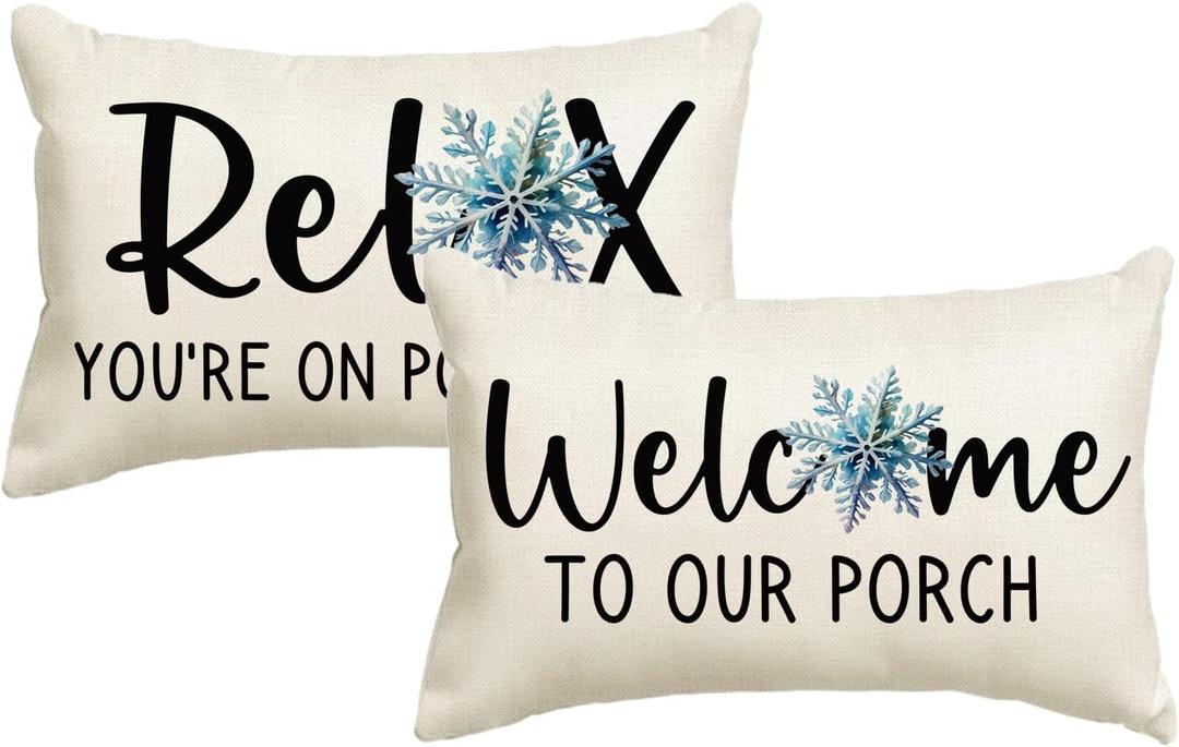 2Pack Winter Porch Decorative Pillow Covers Welcome to Our Porch with Blue Snowflake Design Pillowcases Christmas Season Holiday Cushion Covers 20 x 12 inches(Blue)