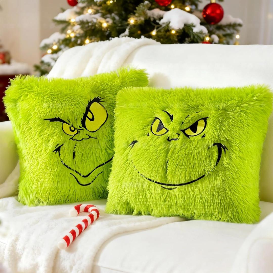 2PCS Chrismas Pillow Covers 18x18 inch,Green Xmas Throw Pillow Cases,Chrismas Decor Soft Plush Faux Fur Wool Couch Cushion Case for Chair Sofa Bedroom Living Room