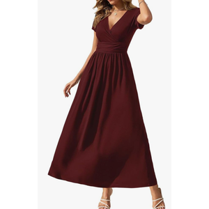 Gracyoga Women's Summer Dresses 2025 Short Sleeve Maxi Dress Casual V Neck Flowy Sundress with Pockets L