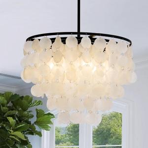 17.7” Capiz Shell Chandelier, 4-Light Coastal Modern Chandeliers, Black Hanging Pendant Light for Dining Room, Living Room, Bedroom, Kitchen Island, Bathroom Chandeliers Over Tub