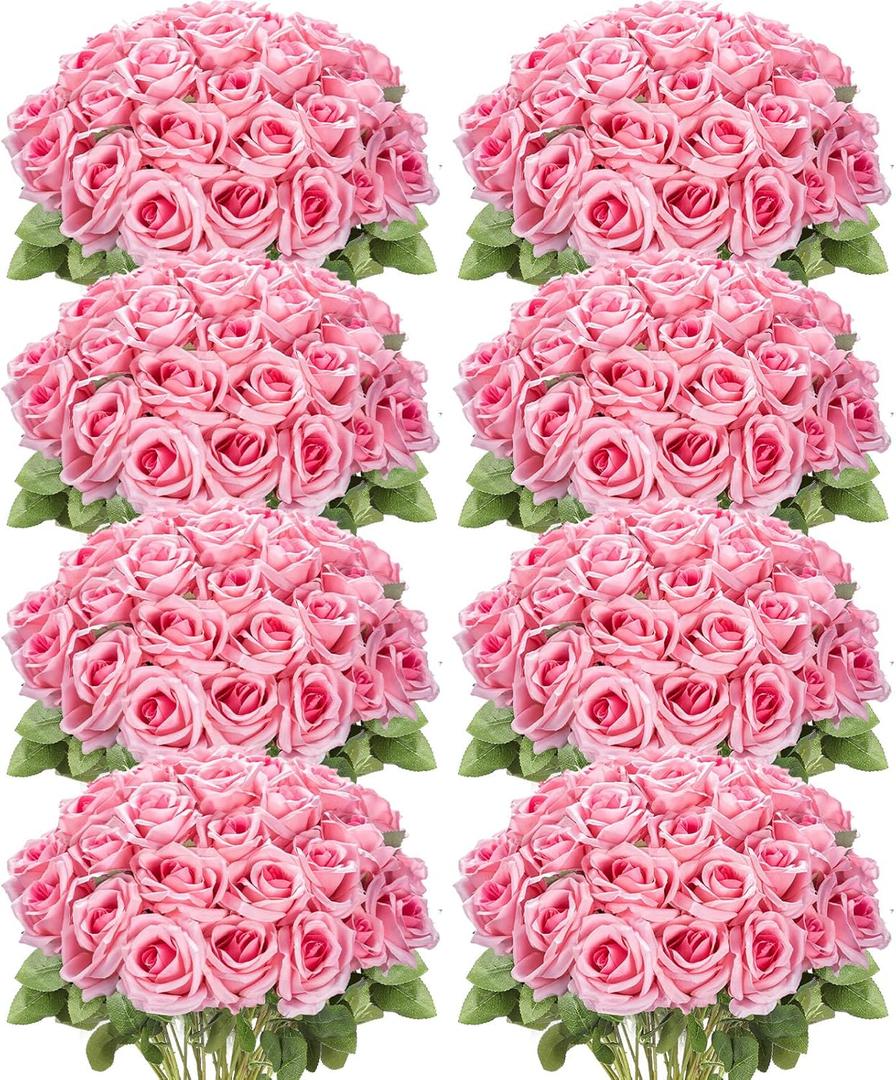 Hotop 120 Pcs Roses Artificial Flowers in Bulk,Long Stem Artificial Flower Bouquet,Silk Real Touch Fake Rose for Wedding Party Table Centerpieces Decor Valentines Gifts(Bright Pink)