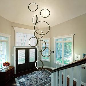 Black Modern Chandelier,Luxury Modern Led Chandelier Dimmable Long Staircase Chandelier for High Ceilings Chandelier Modern,12 Rings Foyer Chandeliers Entryway High Ceiling with Remote Controller