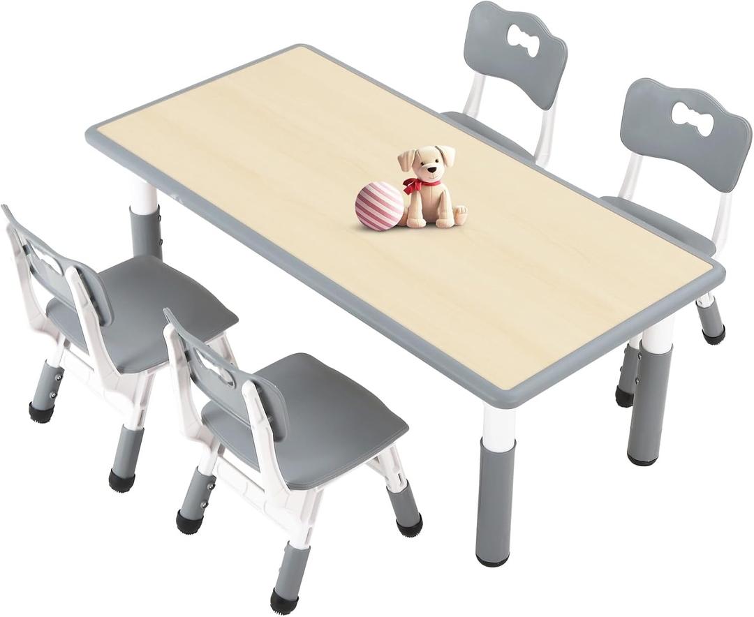 FUNLIO Kids Table and 4 Chairs Set for Ages 3-8, Height Adjustable Toddler Table and Chair Set, Easy to Wipe Arts & Crafts Table, for Classrooms/Daycares/Homes, CPC & CE Approved (5-Piece Set) - Gray (Rectangle - Grey)