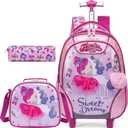 Meetbelify Rolling Backpack for Girls Backpacks with Wheels for Elementary Preschool Students 3 in 1 Carry on Travel Luggage Kids Suitcase with Lunch Box Pencil Case for Girls Age 8-10