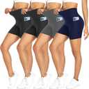 FULLSOFT 4 Pack Biker Shorts for Women with Pockets  5" High Waisted Tummy Control Workout Yoga Running Gym Tennis Shorts (Small-Medium, 2-4 Pack Black/Black/Navy Blue/Grey)