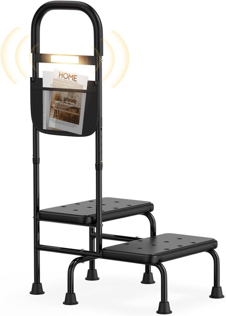 FamiHealth 2 Step Stool with Handle for Elderly Heavy Duty Bed Steps for High Beds for Adults Two Step Stools for Seniors with Adjustable Handrail Non-Skid Platform LED Light Foot Stool for Kitchen Bathtub