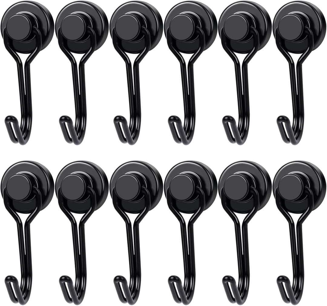 E BAVITE Swivel Swing Magnetic Hooks, 30LB12pack Refrigerator Magnet Hook,Strong Neodymium Magnets, Perfect for Refrigerator and Other Surfaces,60mm(2.36in) in Length (Black)