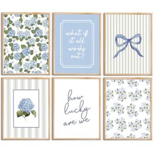 6 Pcs Blue Hydrangea Bow Canvas Wall Art How Lucky Are We Poster Prints Trendy Striped Coquette Paintings Pictures Sage Green Coastal Preppy Aesthetic Wall Decor for Girl Room Bedroom Living Room Office Dorm Apartment 8x10 Inch Unframed