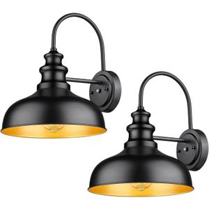 Bestshared Dusk to Dawn Outdoor Barn Light Anti-Rust Outdoor Wall Sconce Farmhouse Exterior Lighting Fixture Wall Lantern Lamp for Porch,Garage(Black+Gold, 2 Pack)