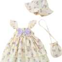 Baby Girl Dresses 6-9 Months Summer 9-12 Month Girl Clothes Infant Layered Ruffle Sleeveless Dress Beige Purple Floral Smocked Sundress Baby Birthday Gifts Cute Boho Beach Casual Outfit